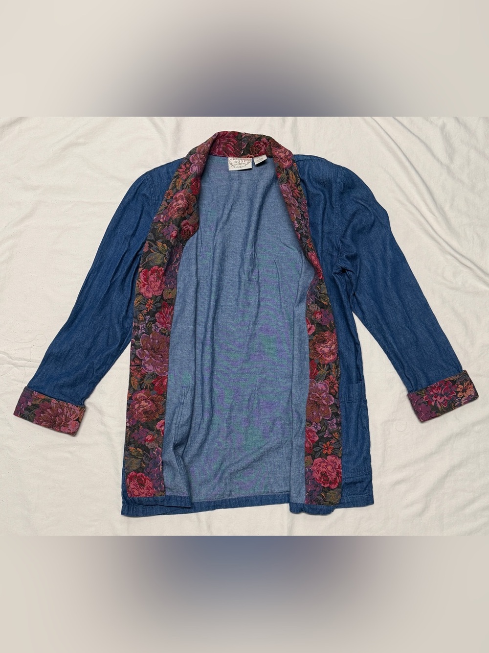 Khaki rose vintage  Denim Blue jacket with Rose-Patterned Trim